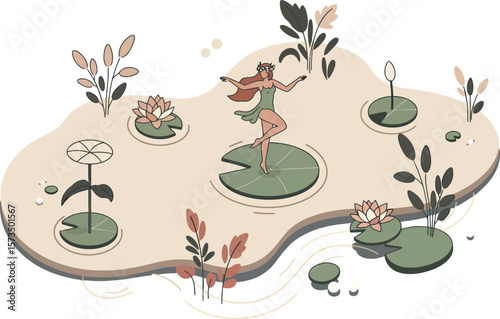 Female golfer swinging golf club on green course with plants and flowers vector illustration 