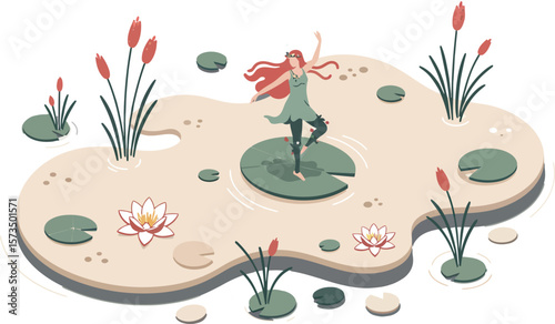 Girl Standing on Lily Pad Surrounded by Water Lilies and Reeds in Calm Pond Vector Illustration 