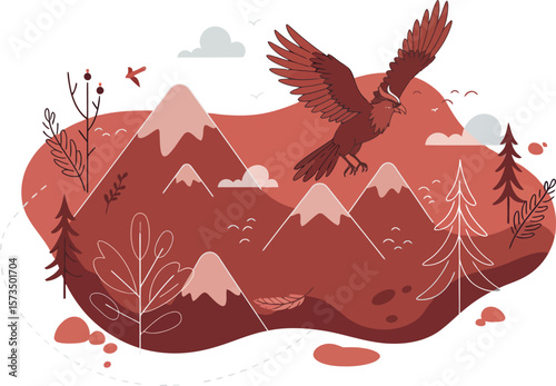 Red eagle flying over mountainous landscape with autumn trees and birds vector illustration 