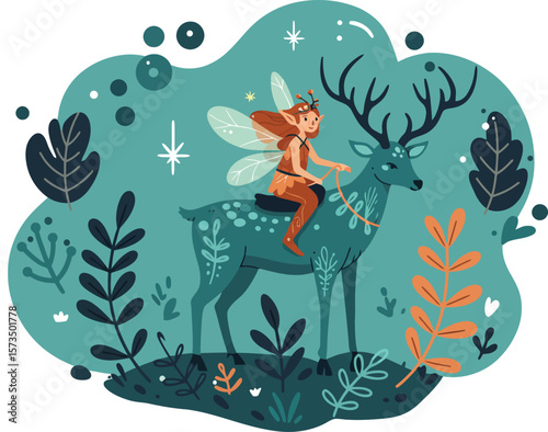 Fairy riding large deer in enchanted forest with magical plants and glowing stars vector illustration 