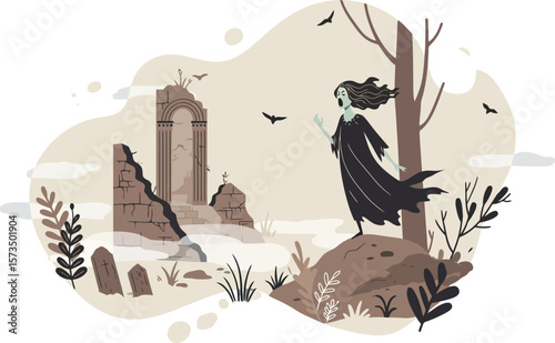 Mysterious woman standing near ancient ruined tomb in autumn forest landscape vector illustration 