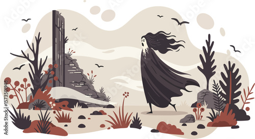 Mysterious cloaked figure walking near barren landscape with towering rock formation and sparse vegetation vector illustration 