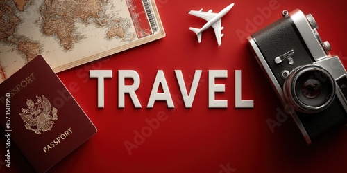 Flat Lay of Passport, Camera, Boarding Pass, Airplane Figure on Red Background, Travel Theme


