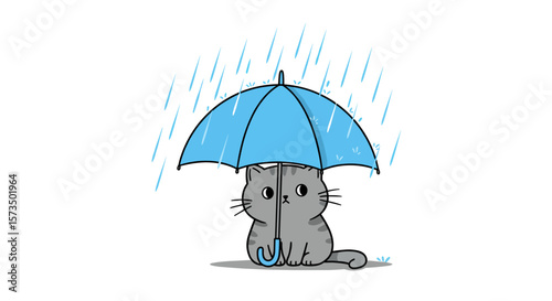 Cat under umbrella minimalist flat illustration isolated on transparent background for rainy weather news or rain and autumn design

