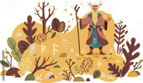 Norse god illustration with ancient runes and autumn foliage in warm golden tones vector art 