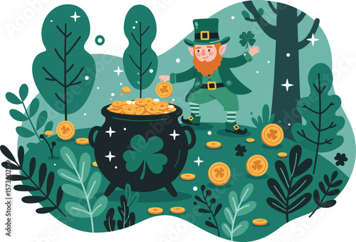 Leprechaun with pot of gold and shamrocks celebrating St Patricks Day in green forest illustration 