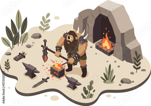 Viking blacksmith forging sword near stone fireplace with glowing fire and tools vector illustration 