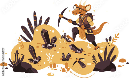 Rat Miner Digging Underground with Pickaxe Mining Minerals Vector Illustration in Brown and Yellow Colors 