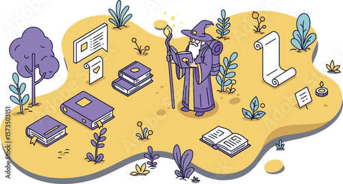 Wizard character casting magic spell with books and scrolls fantasy education concept vector illustration 