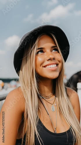 Young woman with long blonde hair and nose ring wears a casual bucket hat and layered necklaces. She smiles slightly in bright daylight, reflecting a relaxed summer festival vibe