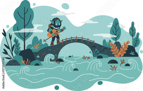 Diver exploring underwater landscape with bridge and aquatic plants vector illustration 