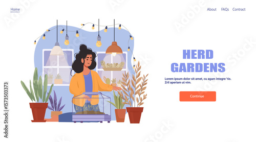 Indoor gardening woman caring for plants modern home cozy room with potted greenery decorative lights window website landing page