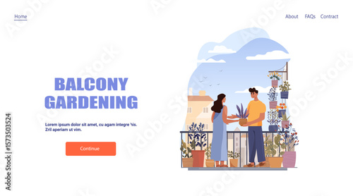 Balcony gardening urban couple caring plants outdoor pots modern apartment cityscape website landing page template