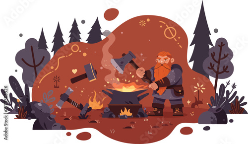 Blacksmith crafting metal in outdoor forest workshop with fire and tools vector illustration 
