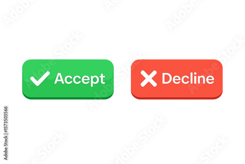 Accept and decline buttons with checkmark and cross icons. Yes and no web interface choice symbol. Green positive approval and red negative rejection vector illustration.