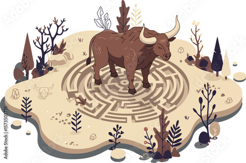 Bull standing inside circular maze on barren land with dry trees and bushes vector illustration 