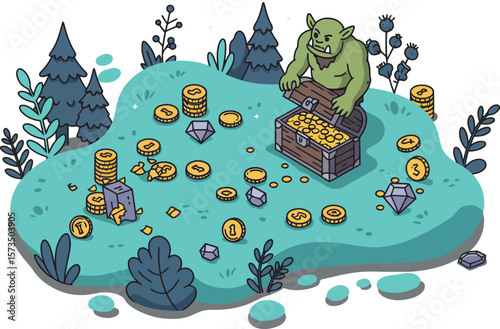 Fantasy creature guarding treasure chest with gold coins on forest clearing in isometric style vector illustration 