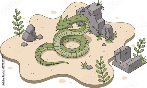 Ancient green snake coiled on desert sand near old stone ruins and sparse vegetation illustration 