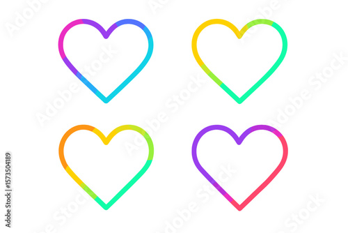 Colorful gradient heart shape set. Love symbol line art. Metaphor for passion, romance, feeling, emotion. Vector icon for Valentine's Day. Social media like button design.