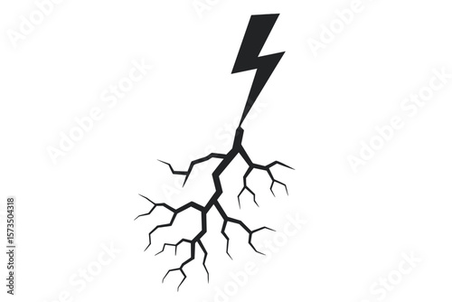 Lightning Bolt and Cracked Ground Vector Illustration. Electric Strike Symbol. Broken Surface Texture. Thunderbolt Impact. Fracture Pattern. Shock Damage. Transparent PNG. Concept Design.