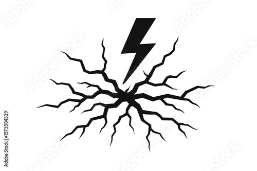 Lightning Bolt Striking Cracked Ground. Electric Energy Impact. Broken Surface Fracture Pattern. Power Symbol. Thunderstorm Damage. Vector Illustration. Shockwave Effect. Disaster Concept.