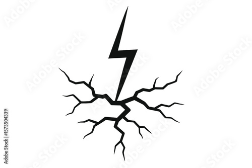 Cracked Ground Lightning Strike Vector. Broken Surface Texture. Earthquake Crack Pattern. Thunderbolt Symbol. Disaster Damage Concept. Black Silhouette Isolated. Editable EPS PNG Illustration