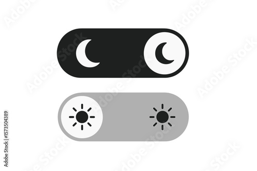 Dark and Light Mode Toggle Switch Vector. Day Night Sun Moon UI UX Buttons. App Interface Theme Switcher. Minimalist Black White Design. Web Mobile Transparent Icons