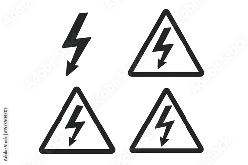High voltage danger sign icon set. Electricity symbol. Electric shock hazard warning concept. Lightning bolt flash. Power energy attention pictogram. Isolated flat vector.