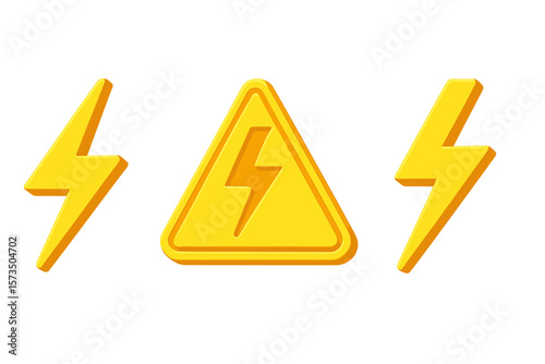 Electricity symbol, high voltage sign. 3d lightning icon set. Danger warning attention concept. Electric power energy thunderbolt flash. Yellow vector illustration on white.