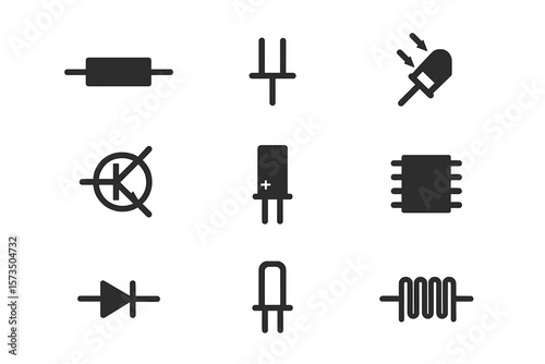 Electronic Components Vector Set. Circuit Symbols Collection. Resistor, Capacitor, LED, Transistor, Microchip, Diode, Inductor, PCB Icon. Electrical Engineering, Schematic, Technology Isolated