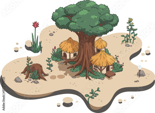 Tribal Village with Large Tree and Thatched Huts in Isometric Style Vector Illustration 