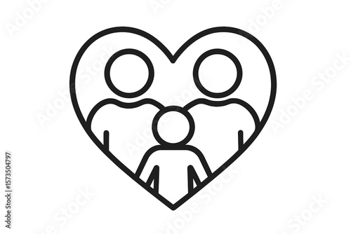 Family Love Icon. Parents and Child in Heart Shape. Parental Care Symbol. Family Support. Parenting. Child Protection. Happy Family Concept. Outline Vector Illustration. Black and White.