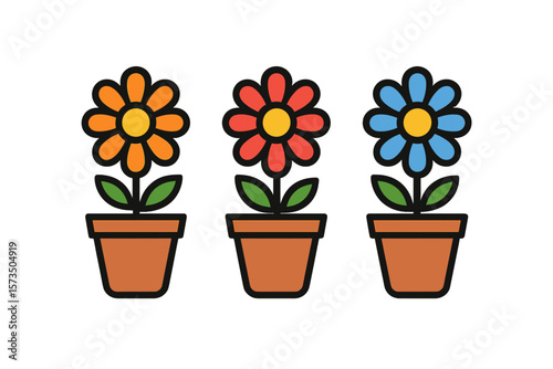 Three Colorful Flower Pots Icon. Bright Cartoon Flowers in Orange, Red, Blue. Simple Potted Plant Vector. Spring Floral Arrangement. Garden Decor. Isolated Clipart. Transparent Background.