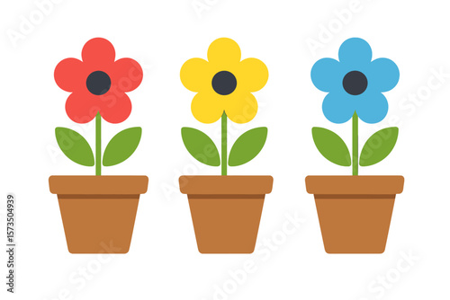 Colorful Flower Pots Vector Illustration. Red, Yellow, Blue Flowers in Brown Pots. Simple Floral Vase Icon. Minimalist Spring Decor. Nature, Gardening, Plant Symbol. Isolated Clipart.
