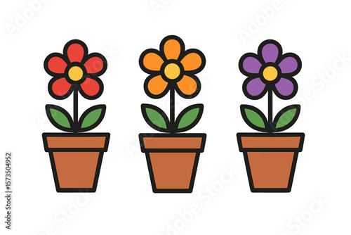 Colorful Flower Pots Icon Set. Red, Orange, Purple Flowers in Terracotta Pots. Simple Cartoon Floral Vase Symbol. Spring Garden Decor. Vector Illustration. Isolated Clipart