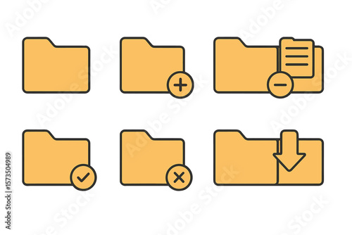 Folder Icons Set. Yellow File Folders with Add, Remove, Check, Cross, Download Symbols. Document Management, Organization, Data Storage, Archive, File System, Vector Illustration