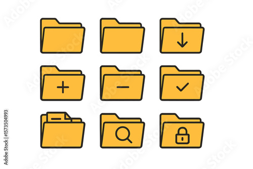 Yellow Folder Icon Set. File Management Symbols. Add, Remove, Download, Check, Search, Lock, Open, Closed Folders. Office Document Organization. Minimal Vector Illustration