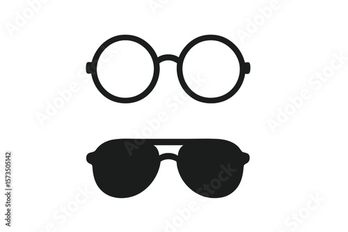 Minimalist Eyeglasses and Sunglasses Icon Set. Round Spectacles, Aviator Shades. Simple Black Silhouette Vector. Modern Optical Glasses Collection. Isolated Transparent Illustration