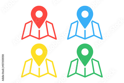 GPS location icon set. Multicolor map icon vector collection. Map pin, pointer, and marker symbol for navigation and destination. Geolocation positioning system sign concept.