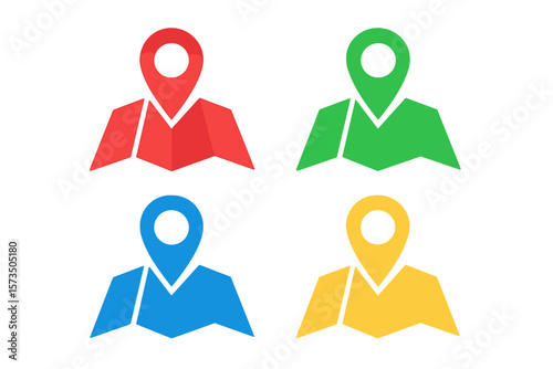 GPS location icon set. Multicolor map pin pointer symbol for navigation and destination. Vector of position marker signs in red, green, blue, yellow colors. Isolated element.