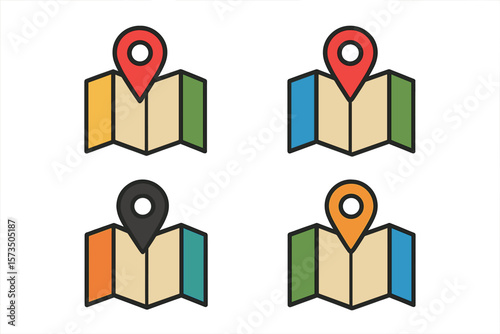 Set of four colorful map location icons. GPS navigation pin and marker for destination point. Geolocation pointer symbol for travel and direction. Vector illustration pack.