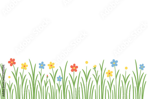 Simple grass and colorful flower border. Cute cartoon meadow background design for spring or summer. Floral nature lawn field banner or header vector illustration.