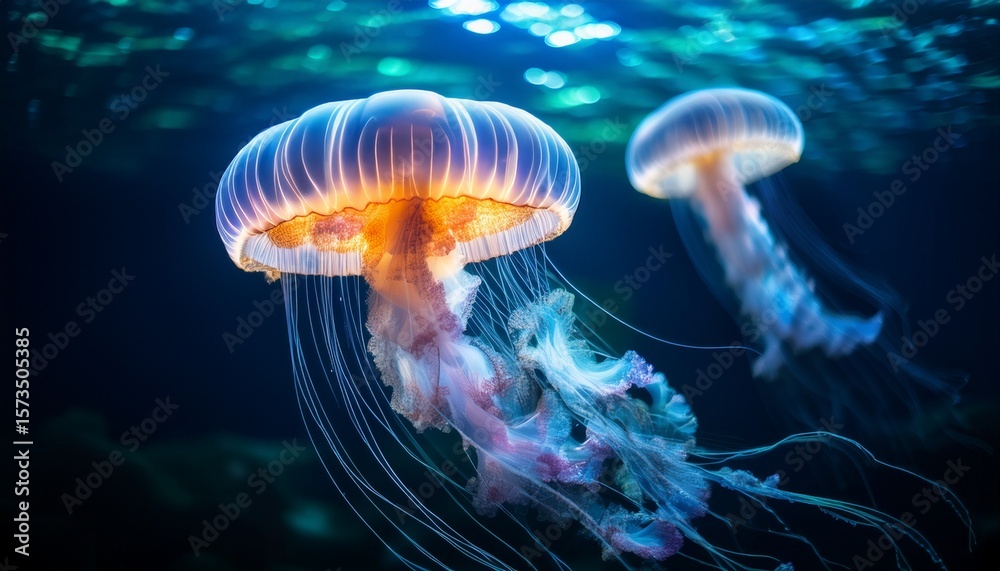 Fototapeta premium glowing jellyfish swimming gracefully in dark underwater environment with ethereal beauty