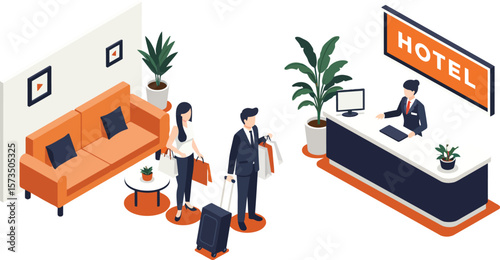 Hotel Reception Desk with Guests Checking In and Relaxing in Lobby Area Vector Illustration 