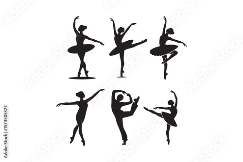 Elegant Ballet Dancer Silhouettes for Design.A set of black silhouette illustrations of ballerinas in various poses.