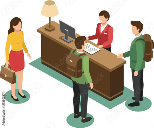Reception desk with people checking in and standing in line in office or hotel lobby vector illustration 