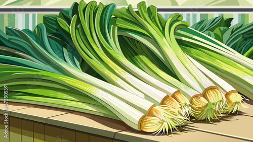 A pile of organic leeks, long and layered with white bases and green tops, lies diagonally across a kitchen counter scene, full of texture, light, and culinary elegance.