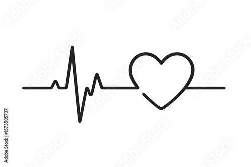 Heartbeat Line with Heart Shape. ECG EKG Pulse Graph. Heart Rate Monitor Symbol. Cardiology Medical Test. Electrocardiogram Vector. Health Care, Hospital, Clinic Concept. Flat Design Isolated