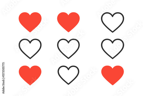 Minimalist Heart Icon Set. Red and Outline Heart Symbols. Love, Like, Favorite, Romantic, Social Media, Rating, UI Design, Valentine’s Day, Vector Isolated on White Background