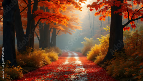Autumn forest path with vibrant red, orange, and yellow leaves
